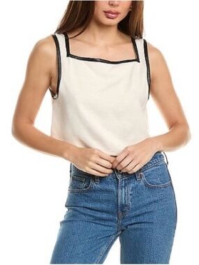 WeWoreWhat Linen Blend and Black Leather Trim Cream Top NWOT